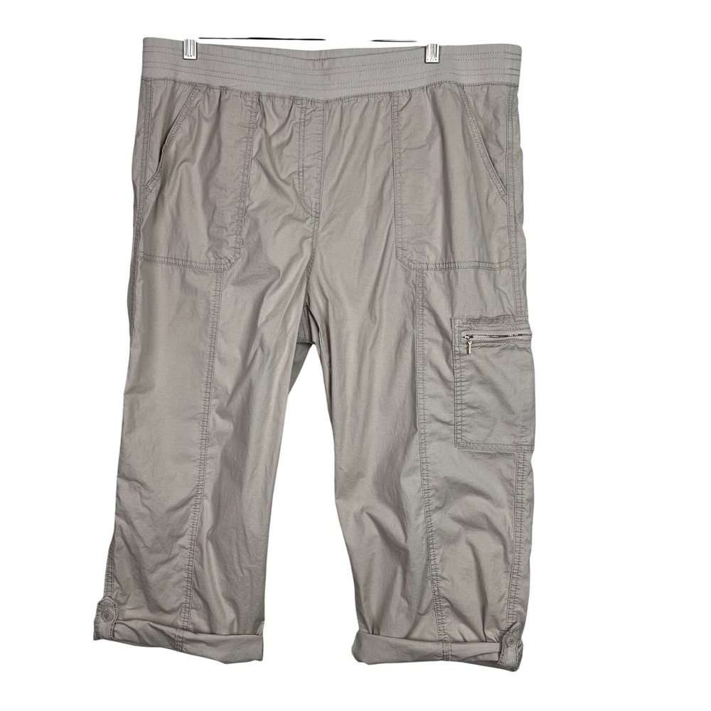 Chico's Women's Size 3 (US 16) Cargo Capri Roll Tab Pull On Pants Tan Stretch